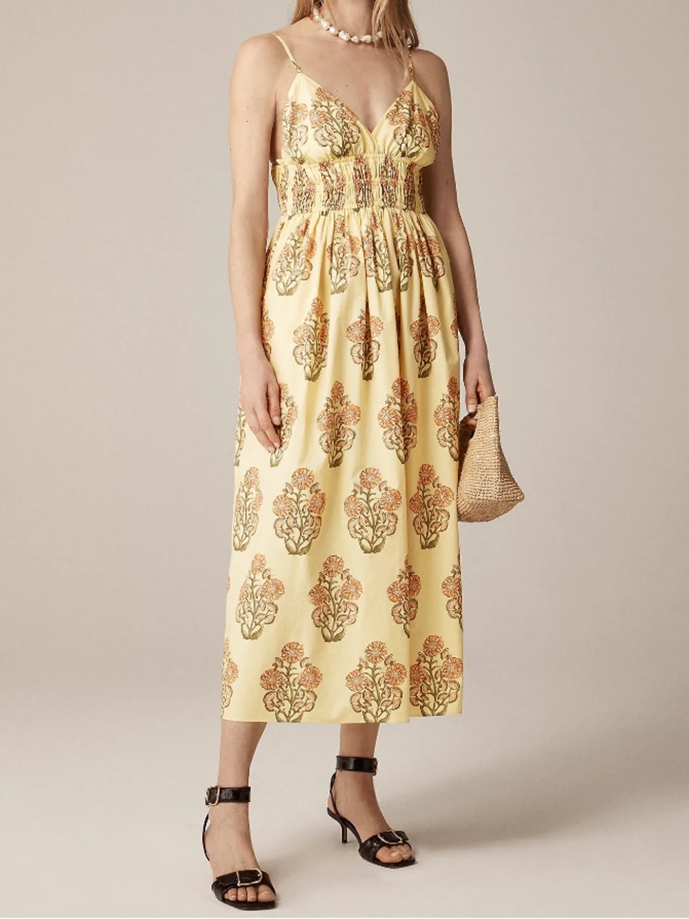 EUC J.Crew Smocked Waist V-Neck Midi Dress in Yellow Block Print size US 6